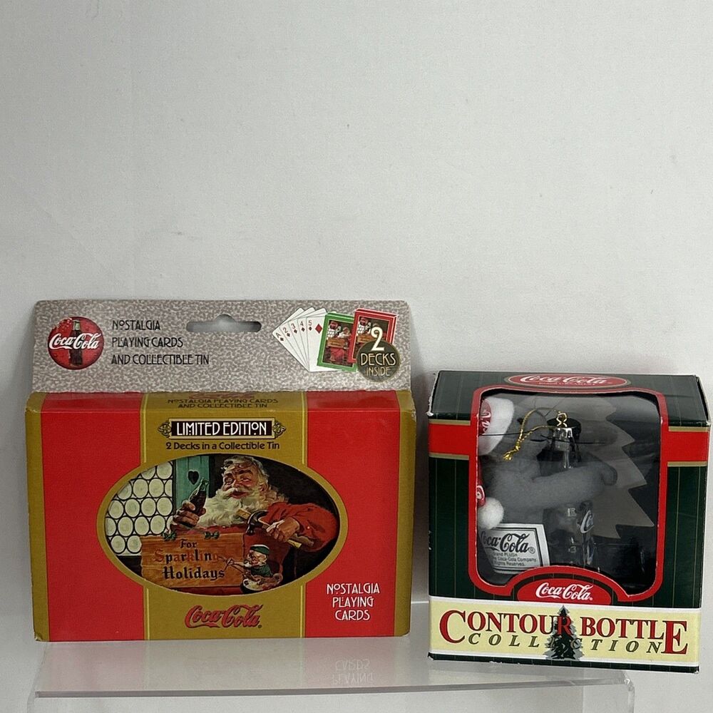 Coca Cola Ornament Lot Santa Playing Cards 2 Decks Metal Tin Polar Bear Bottle